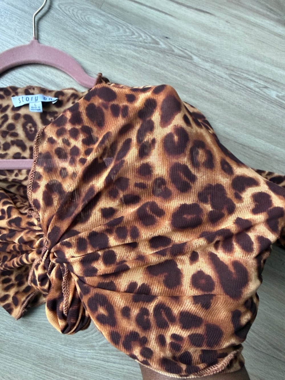Brown Sheer Leopard Tie-Front Sheer Crop Top with Bell Sleeves - Picture 9 of 9